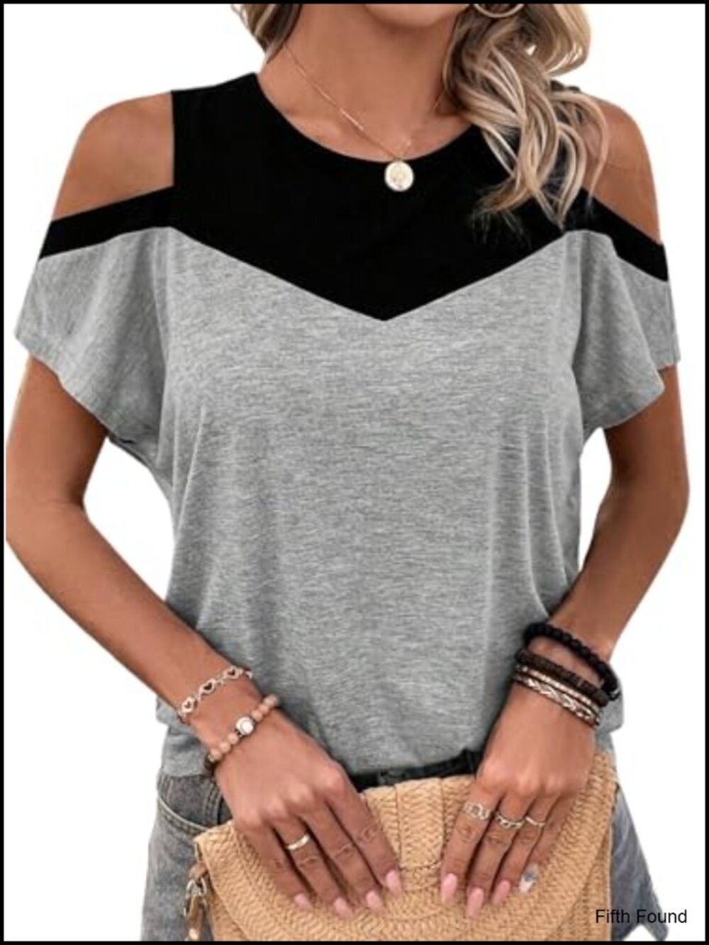 Womens Color Block Cut Out Cold Shoulder Short Sleeve T-Shirt Top
